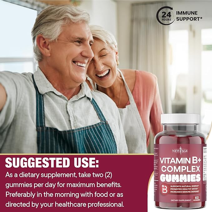 NEW AGE Vitamin B Complex Gummies with Vitamin B3, B5, B6, B7, B9 & B12 – with Biotin, Folic Acid & Vitamin C – Gluten-Free, Vegan, Made in The USA! (60 Count (Pack of 1))
