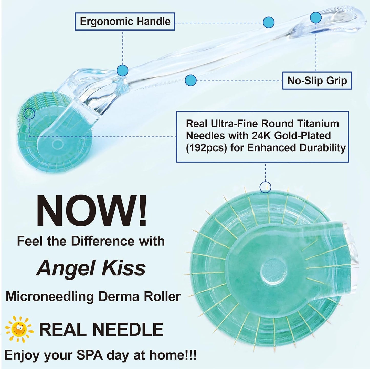 Derma Roller for Face, Hair, Beard, Scalp - Angel Kiss Upgraded Titanium Microneedling Roller - 192 Individual Real Needle 0.3mm - At Home Microneedle Dermal Roller for Women & Men (Advanced 5)