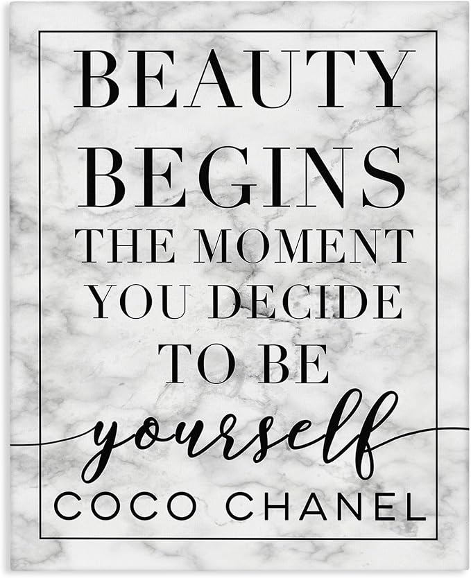 Stupell Industries Beauty Begins Once You Decide to Be Yourself White Marble Typography, Design by Daphne Polselli Wall Art, 36x48, Black