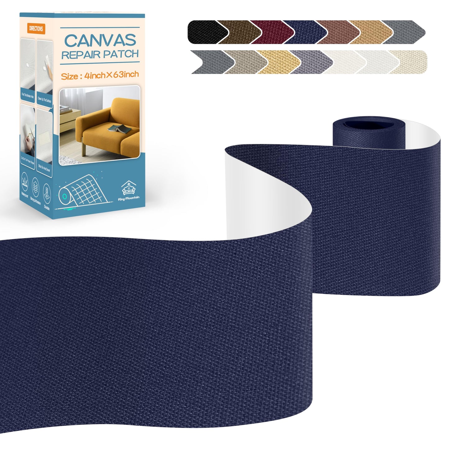 KING MOUNTAIN Canvas Repair Tape,Outdoor Gear Patch, 4×63 Inches,Waterproof,Self-Adhesive for Repairing Boat Covers,Sun Shades,Sofas,Tents,Lounge Chairs,Awnings (Dark Blue)