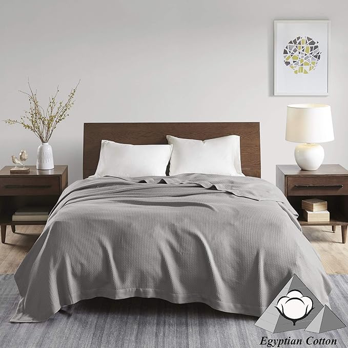 Madison Park Egyptian Cotton Luxury Blanket Grey 66x90 Twin Size Knit Premium Soft Cozy 100% Cerified Egyptian Cotton For Bed, Couch or Sofa
