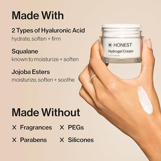 Honest Beauty Hydrogel Cream with Hyaluronic Acid | Lightweight, Moisturizing Water Cream | Gentle for Sensitive Skin, Fragrance Free, Vegan | 1.7 fl oz