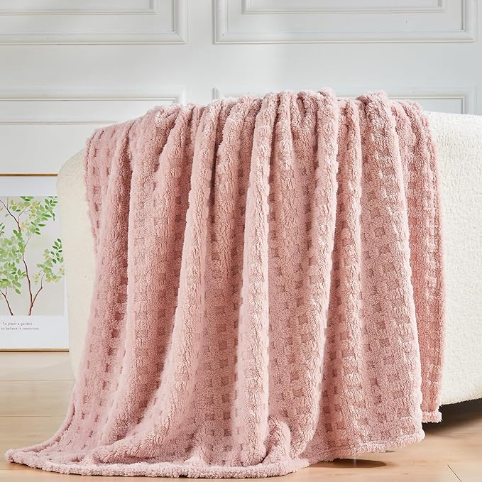 NEWCOSPLAY Super Soft King Blanket Pink Premium Silky Flannel Fleece 3D Waffle Checkered Lightweight Bed Blanket All Season Use (Pink, King(90"x110"))