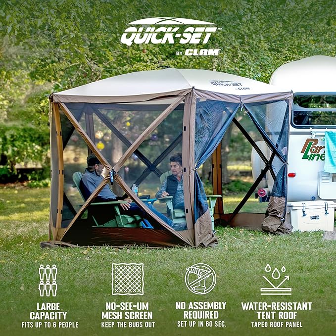 CLAM Venture 9 x 9 Foot Portable Outdoor Gazebo Canopy Camping Tent Shelter, with 3 Wind and Sun Panels and Carry Bag Accessory, Brown