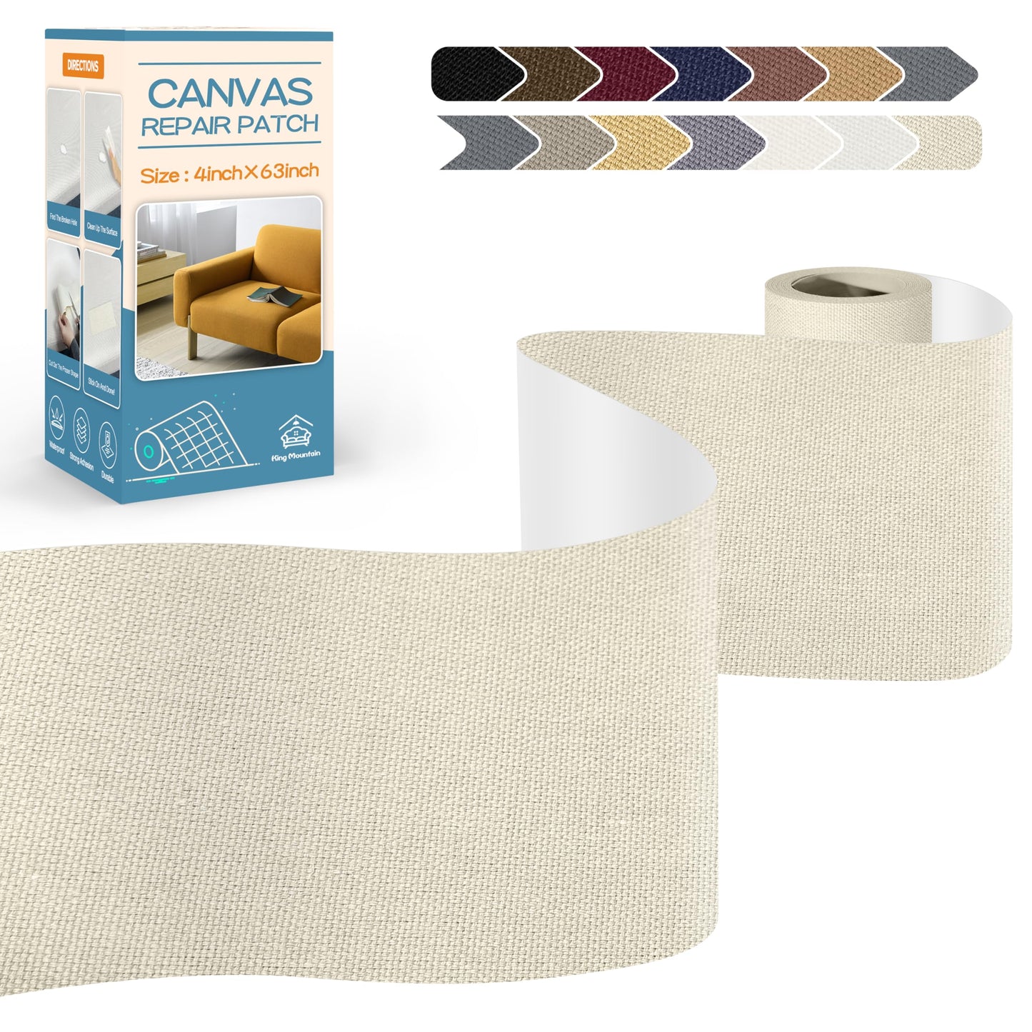 KING MOUNTAIN Canvas Repair Tape,Outdoor Gear Patch, 4×63 Inches,Waterproof,Self-Adhesive for Repairing Boat Covers,Sun Shades,Sofas,Tents,Lounge Chairs,Awnings (Beige)