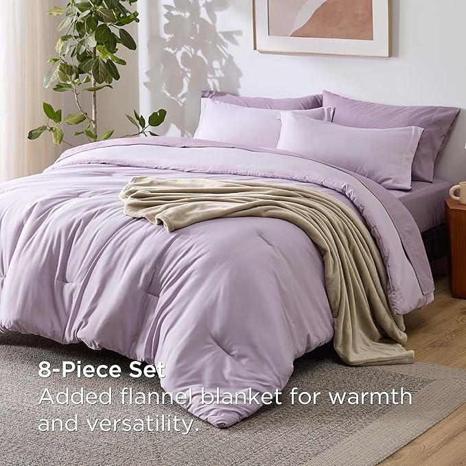 Bedsure King Comforter Set Grayish Purple, 8 Pieces Prewashed King Size Bed in a Bag with Soft Fleece Bed Blanket, Down Alternative Bedding Set for All Seasons, Sheets, Pillowcases & Shams
