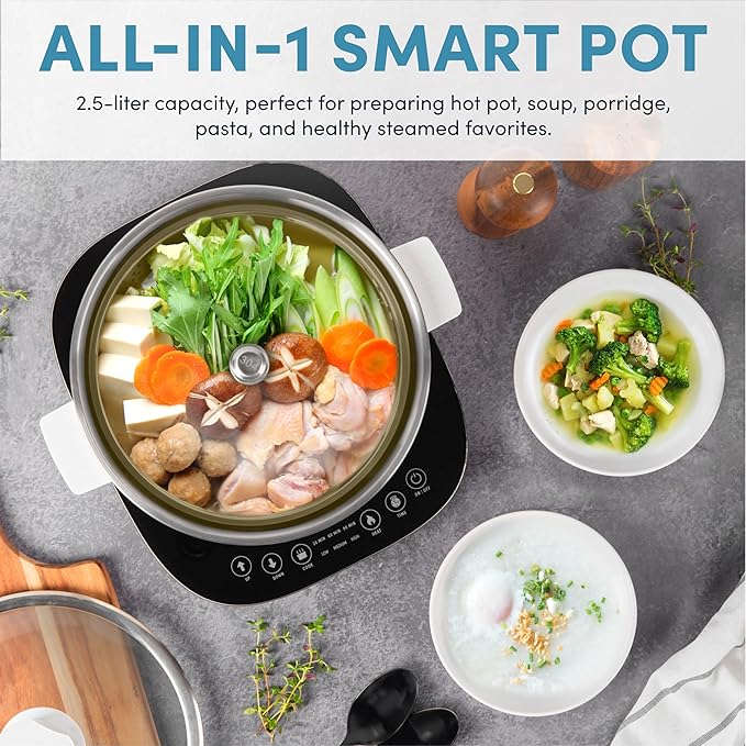 Aroma Housewares 2.5-Liter Smart Electric Hot Pot & Rapid Boil Steamer with Automatic Stainless Steel Steamer Basket Lift, White, ASP-700