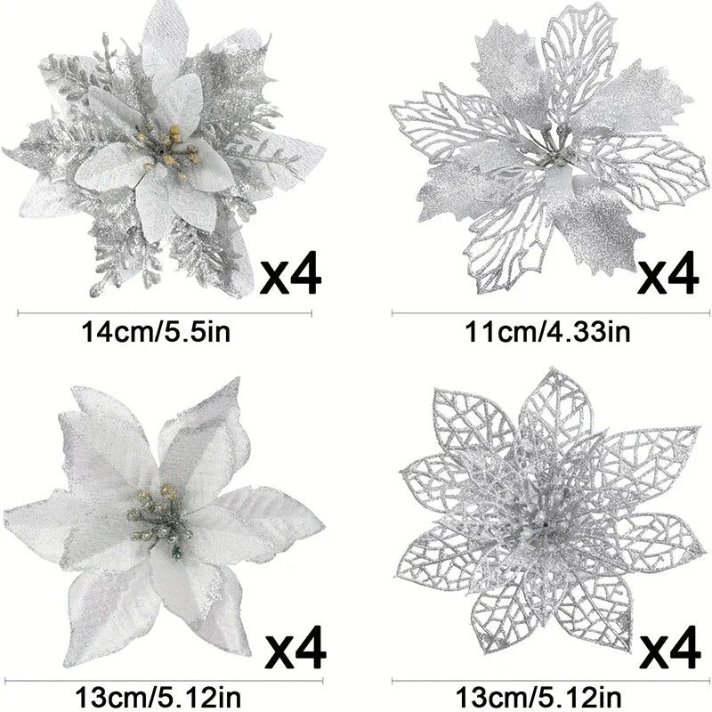 Glitter Artificial Christmas Flowers Set