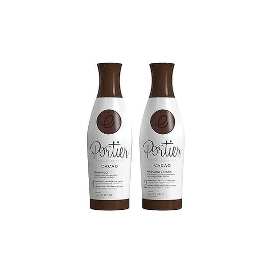 Portier Cacao Shampoo and Brazilian Hair Mask for Dry, Damaged Hair, Advanced 2-Step Treatment, Smoothing Moisturizing Haircare Curly, Color Treated, or Frizzy Hair. Each Bottle is 34fl.oz/1L