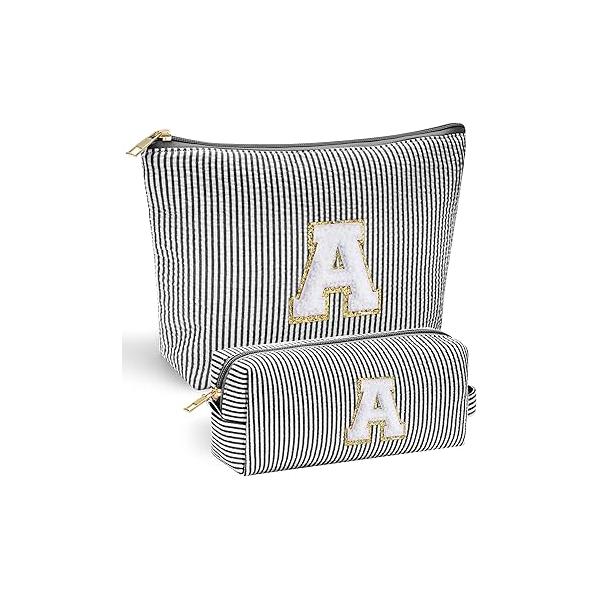 YOOLIFE Initial Makeup Bag - Personalized Monogrammed Travel Toiletry Bag, Perfect for Teens, Weddings, and Preppy Styles - Black
