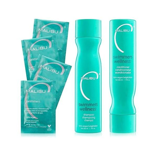 Malibu C Swimmers Wellness Collection - Shampoo and Conditioner Set + Hair Mask Packets Moisturizing, Shine Restoring Care Kit Protects Discoloration from Pool Elements (6 Ct)