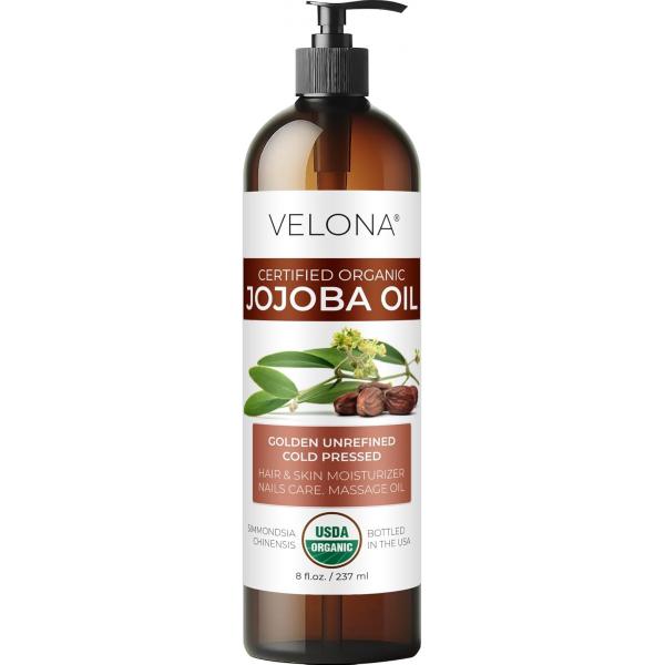 velona Organic Jojoba Oil 8 Fl Oz (With Pump) - Unrefined Cold Pressed for Face, Hair, Body, Skin, Stretch Marks & Cuticles