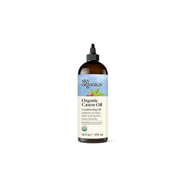 Sky Organics Organic Castor Oil for Hair, Lashes & Brows 100% Pure Cold-Pressed USDA Certified to Strengthen, Moisturize Condition, 16 fl. Oz